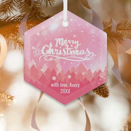 Custom Pink Crystal Snow Forest Frohe Weihnachten Ornament Aus Glas