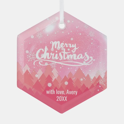 Custom Pink Crystal Snow Forest Frohe Weihnachten Ornament Aus Glas (Vorderseite)