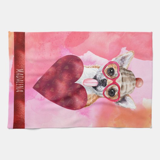 Custom Pink Dog Lover Valentine Geschenk Chihuahua Geschirrtuch (Horizontal)