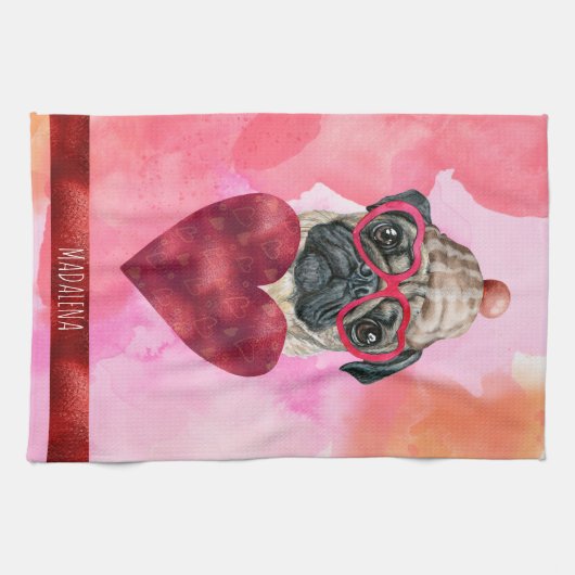 Custom Pink Dog Lover Valentine Gift Mops Geschirrtuch (Horizontal)