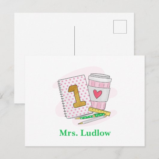 Custom Pink First Grade Lehrer Bewertung Postkarte (Vorne/Hinten)
