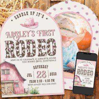 Custom Pink First Rodeo Rosa Arch Foto Geburtstag Einladung