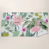 Custom Pink Flamingo Green Leaf Bachelorette Strandtuch (Vorderseite)