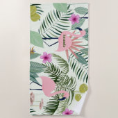 Custom Pink Flamingo Green Leaf Bachelorette Strandtuch (Vorderseite)