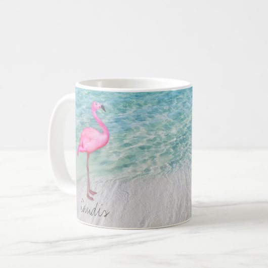 Custom Pink Flamingo Tropical Sandy Beach Modern Kaffeetasse (Vorderseite Links)