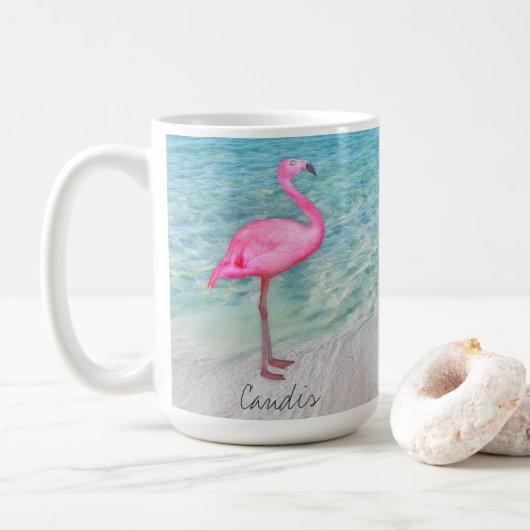 Custom Pink Flamingo Tropical Sandy Beach Modern Kaffeetasse (Mit Donut)