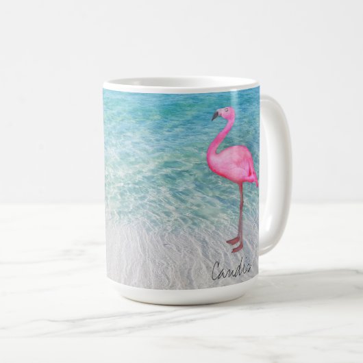 Custom Pink Flamingo Tropical Sandy Beach Modern Kaffeetasse (VorderseiteRechts)