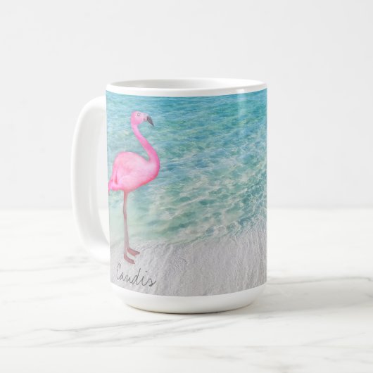 Custom Pink Flamingo Tropical Sandy Beach Modern Kaffeetasse (Vorderseite Links)
