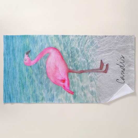 Custom Pink Flamingo Tropical Sandy Beach Modern Strandtuch (Vorderseite)