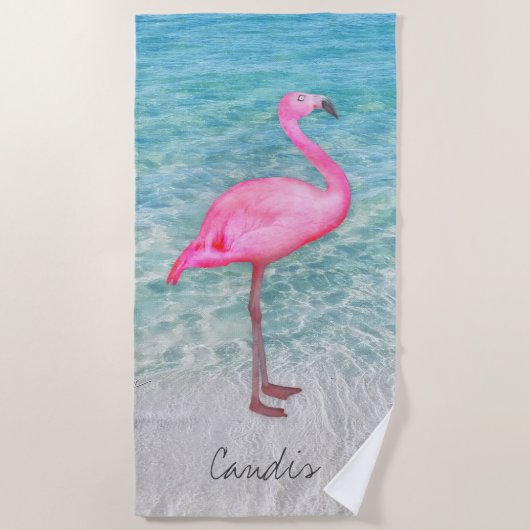 Custom Pink Flamingo Tropical Sandy Beach Modern Strandtuch (Vorderseite)