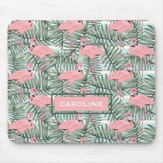Custom Pink Flamingoes Green Palm Leafs Muster Mousepad (Vorne)