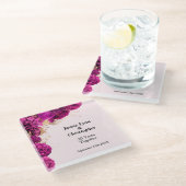 Custom Pink Floral Hochzeitstag Jahrestag Glasuntersetzer (Schrägansicht)