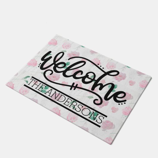Custom Pink Floral Willkommen Fußmatte (Schrägansicht)