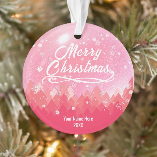 Custom Pink Friedlich Snow Forest Frohe Weihnachte Ornament (Baum)