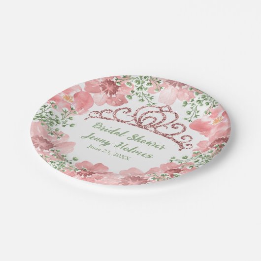 Custom Pink Glitzer Crown Pink Roses Grüne Pappteller (Schrägansicht)