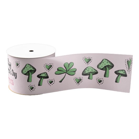 Custom Pink & Green Kleeblatt Herz & Pilz 3" Ripsband (Spule)