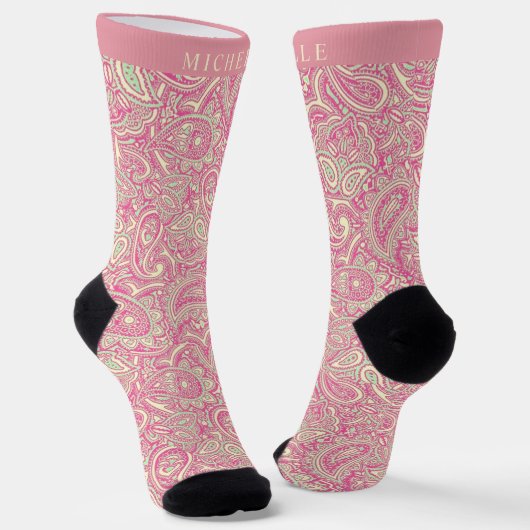 Custom Pink Green Yellow Paisley Muster Socken (Gewinkelt)