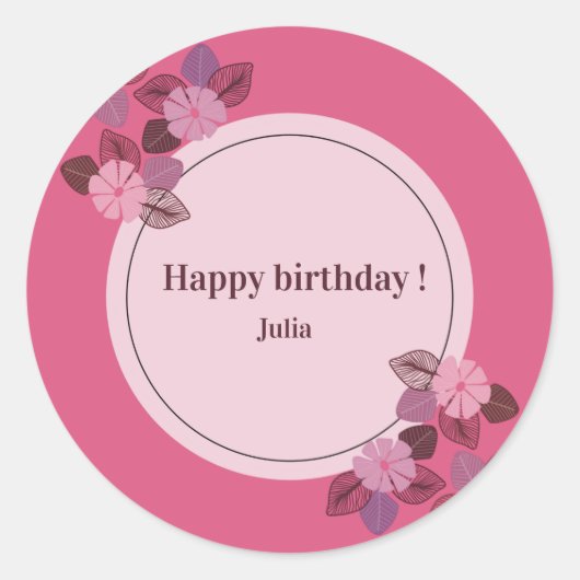 Custom pink happy birthday floral girl   runder aufkleber (Vorderseite)