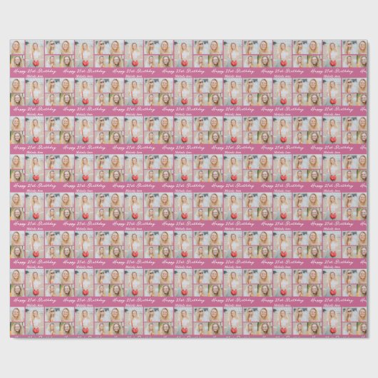 Custom Pink Happy Birthday Photo Collage Geschenkpapier (Flach)