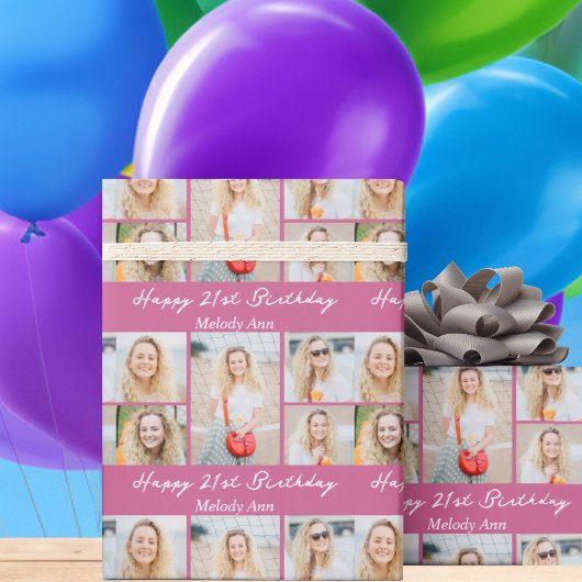 Custom Pink Happy Birthday Photo Collage Geschenkpapier