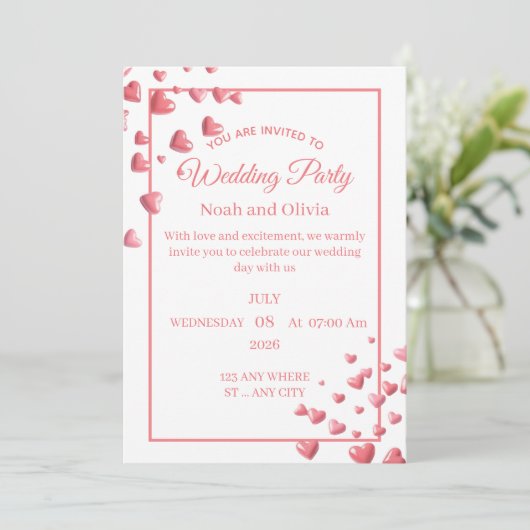 Custom Pink Heart Wedding Invitation Card Einladung (Stehend Vorderseite)