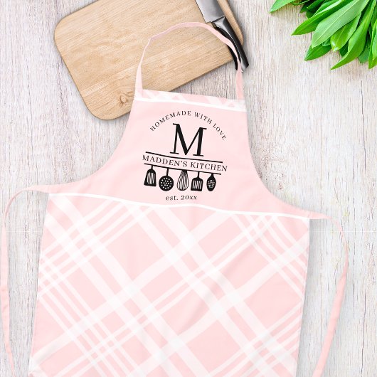 Custom Pink Kariert Kitchen Whisk Utensik Monogram Schürze