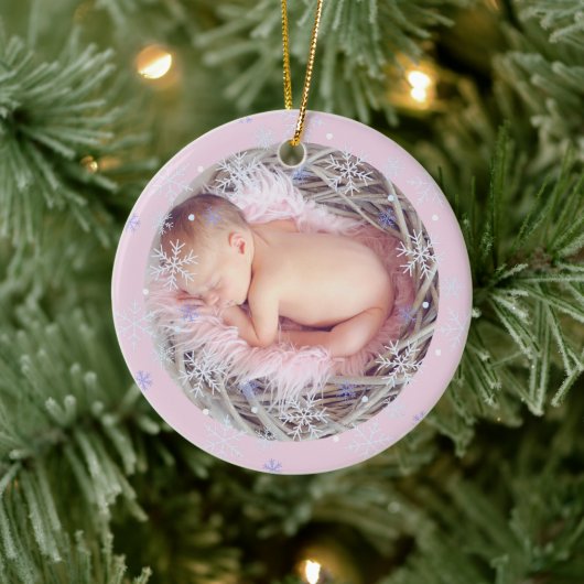 Custom Pink Keepake Foto Baby's First Christmas Keramik Ornament (Baum)