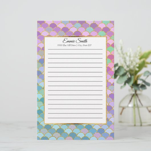 Custom Pink Lila Aquamarine Green Mermaid-Skala Briefpapier (Stehend Vorderseite)