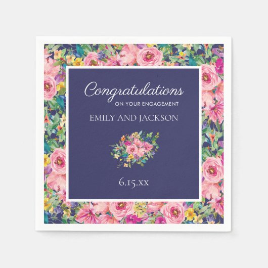 Custom Pink Navy Blue Watercolor Floral Verlobung Serviette (Vorderseite)