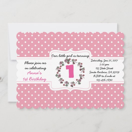 Custom Pink Polka Dot 1. Geburtstag Einladungskart Einladung (Vorderseite)