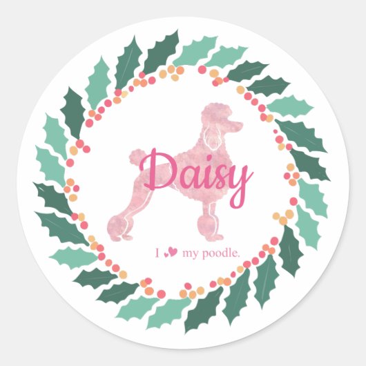 Custom Pink Poodle Silhouette Weihnachtsaufkleber Runder Aufkleber (Vorderseite)