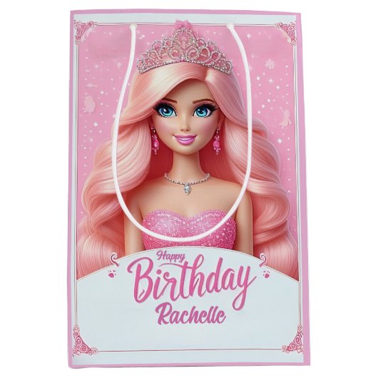 Custom Pink Princess Happy Birthday Mittlere Geschenktüte (Vorderseite)