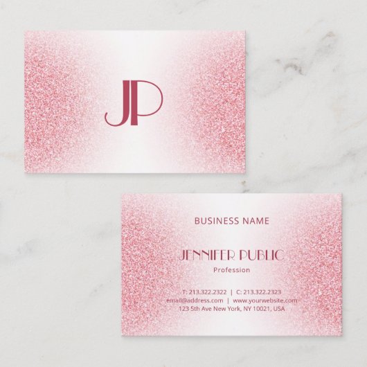 Custom Pink Rose Gold Glitzer Modern Monogram Visitenkarte (Vorne/Hinten)