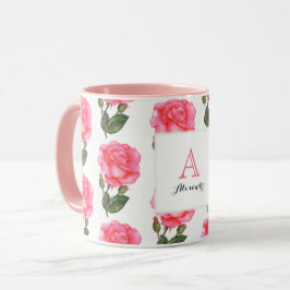 Custom Pink Roses Floral Art Monogramm Weiß Tasse