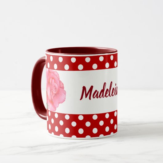 Custom Pink Roses Floral Art Polka Dot Tasse (Vorderseite Links)
