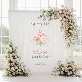 Custom pink roses girl baby shower backdrop banner wandteppich