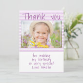 Custom Pink Stripes Birthday Foto Danke Karte (Stehend Vorderseite)