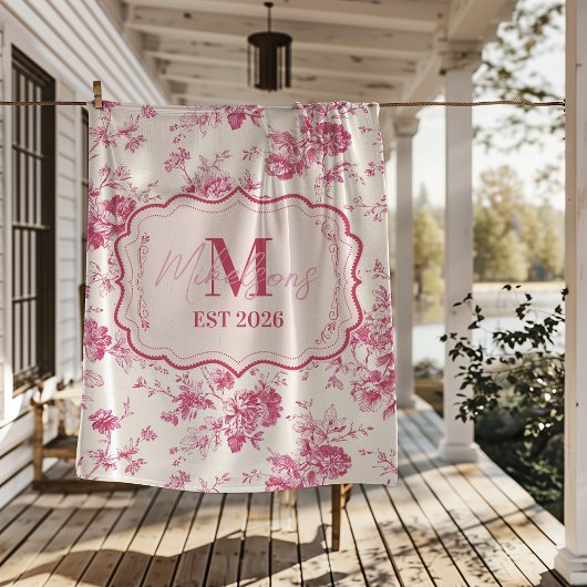 Custom Pink Toile Floral Monogram Fleecedecke