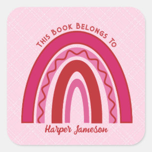Custom Pink Toned Boho Rainbow Buchzeichen Quadratischer Aufkleber