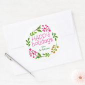 Custom Pink und White Happy Holidays Kranz Runder Aufkleber (Umschlag)