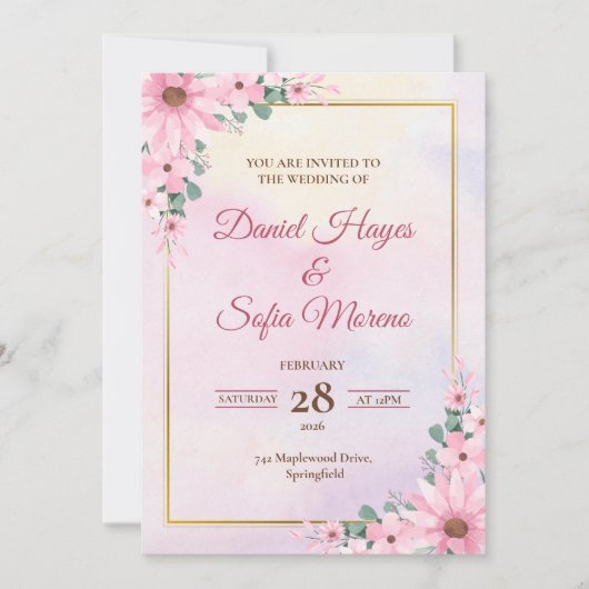 Custom Pink Watercolor Wedding Invitation Einladung (Vorderseite)