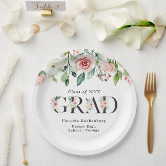 Custom Pink & White Watercolor Floral Grad Party  Pappteller