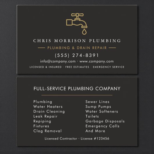 Custom Plumber Dark Elegant Black & Gold  Visitenkarte