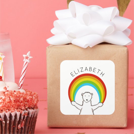 Custom Polar Bear & Rainbow Quadratischer Aufkleber (Party)