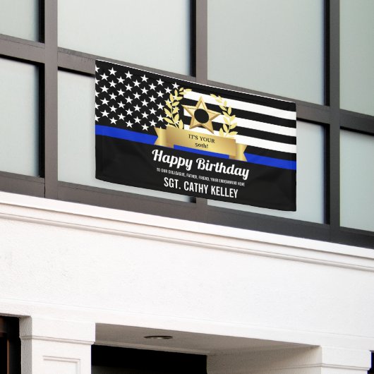 Custom Police Flag Thin Blue Line Happy Birthday Banner (Äußeres Gebäude)