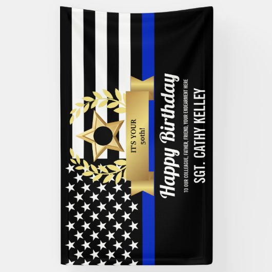Custom Police Flag Thin Blue Line Happy Birthday Banner (Vertikal)