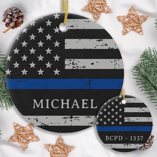 Custom Police Officer Thin Blue Line USA Flag Keramikornament