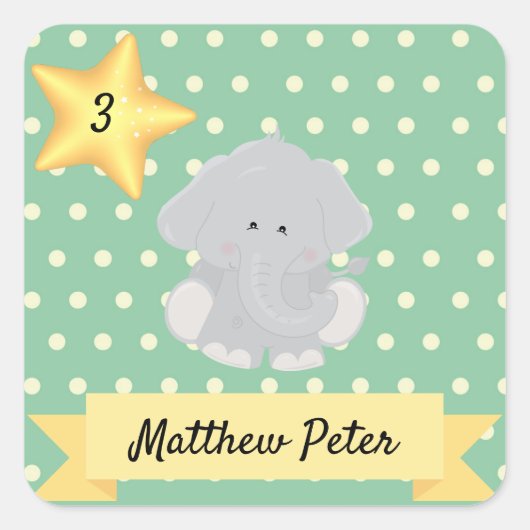 Custom Polka Dot Elephant mit Name und Alter Quadratischer Aufkleber (Vorderseite)