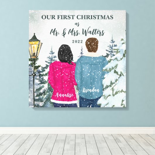 Custom Portrait Unser erstes Verheiratetes Weihnac Leinwanddruck (Insitu (Holzboden))