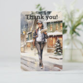 Custom Postal Woman Letter Carrier Weihnachten Dankeskarte (Stehend Vorderseite)